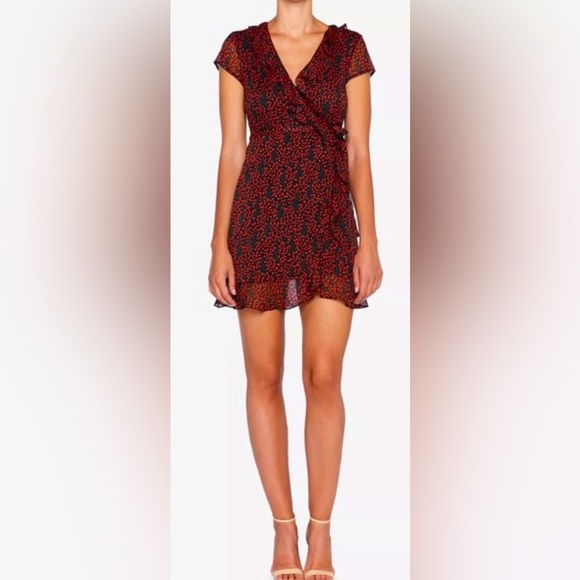 Bardot Short Sleeve Cherry Print Faux-Wrap Mini Dress - Picture 4 of 9
